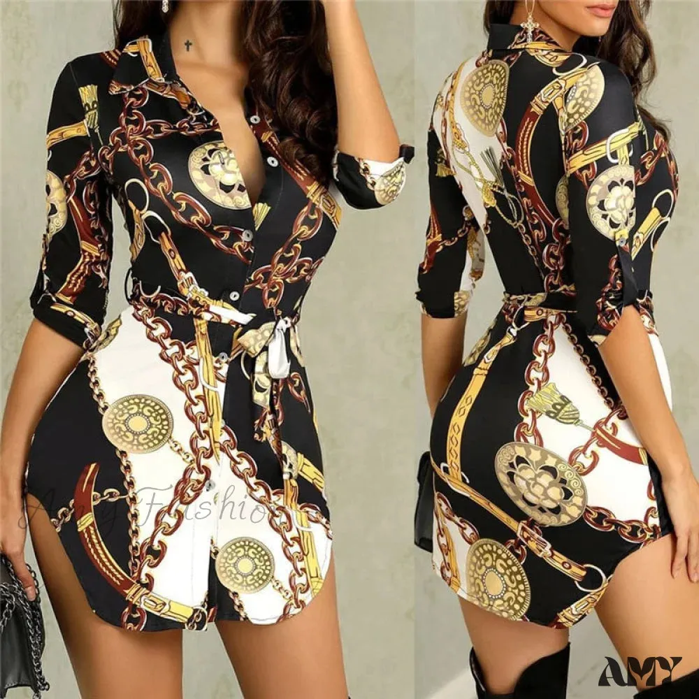 Amy Fashion - Chain Strap Print Half Sleeve Turn-down Button Shirt Dress