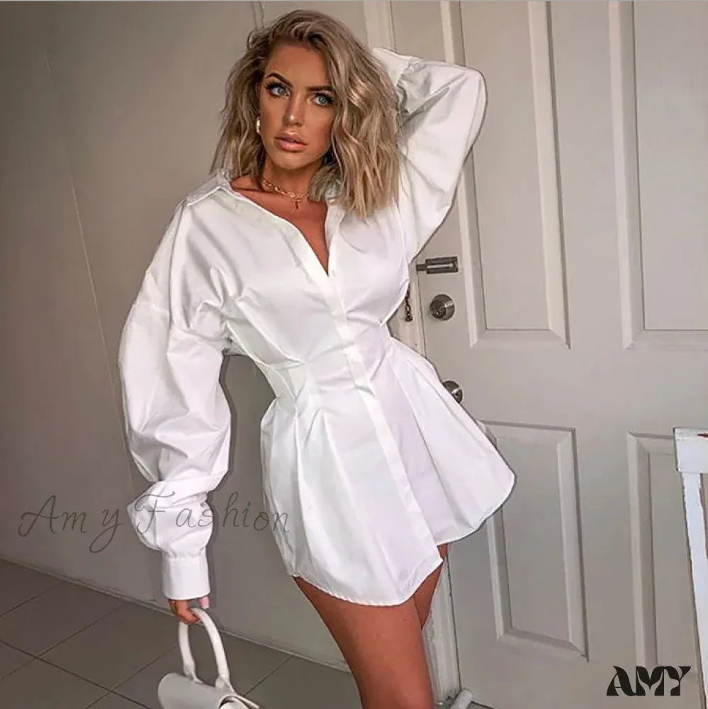 Amy Fashion - Chain Strap Print Half Sleeve Turn-down Button Shirt Dress