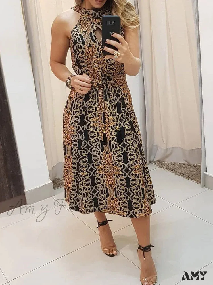 Amy Fashion - Sleeveless Baroque Print Midi Dress