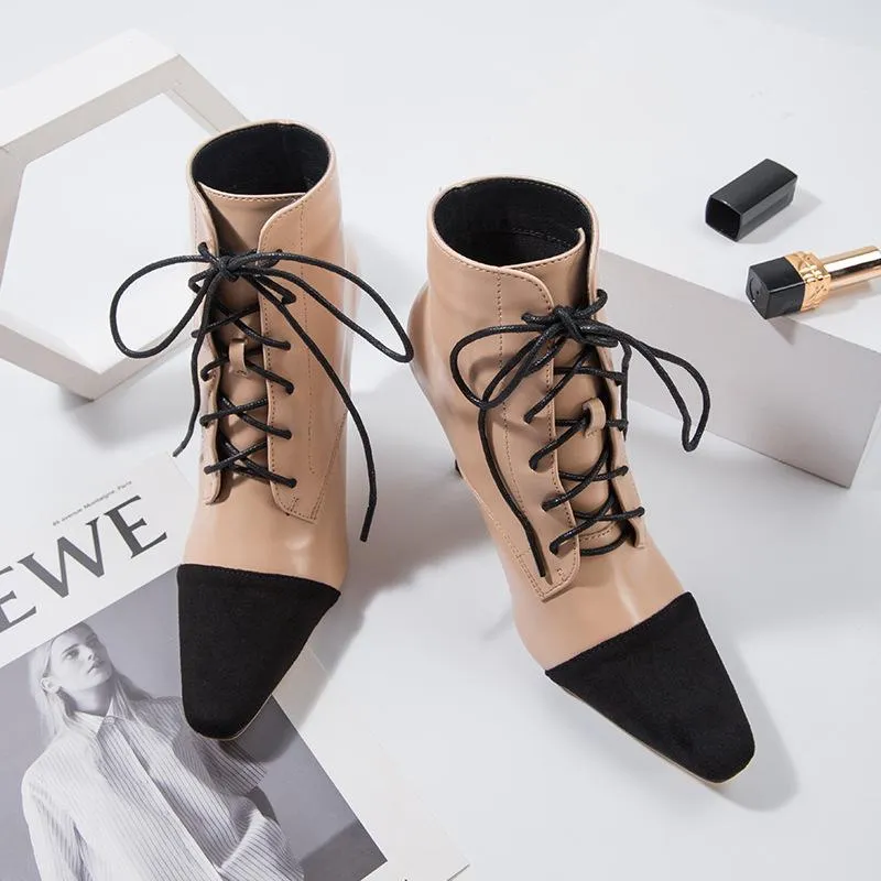 Color Block Lace-up Front Heeled Boots