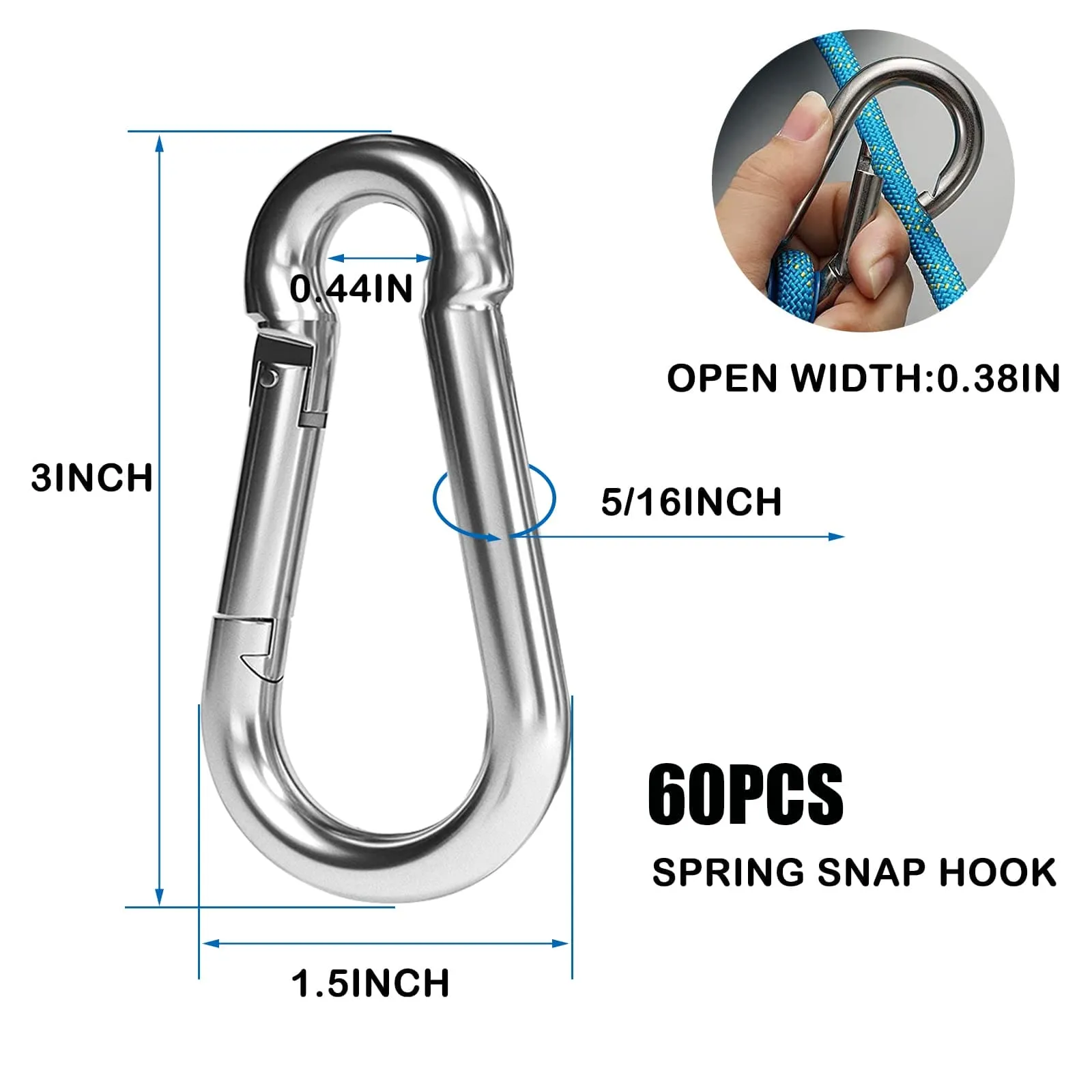 EPHECH 60PCS 3" Heavy Duty Spring Snap Hook, M8 5/16" Galvanized Steel Snap Hook Carabiner Quick Link Carabiner Clip, 500LBS Holding Capacity Quick Link Keychain for Swing Hammock Gym Outdoor