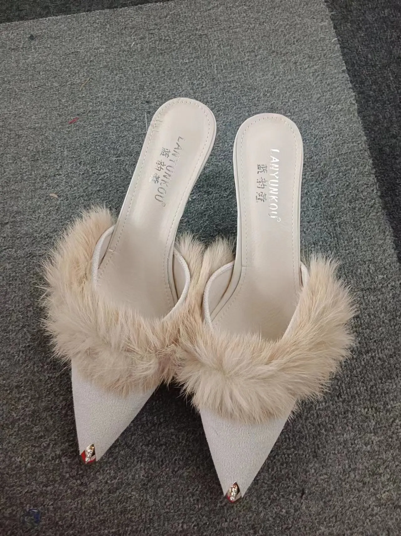 Hnzxzm Fur Slippers Mules Pointed Toe Elegant High Heels Shoes Women's Autumn New Furry Slides Flip Flops Office Work Ytmtloy Indoor