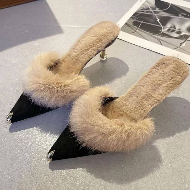 Hnzxzm Fur Slippers Mules Pointed Toe Elegant High Heels Shoes Women's Autumn New Furry Slides Flip Flops Office Work Ytmtloy Indoor