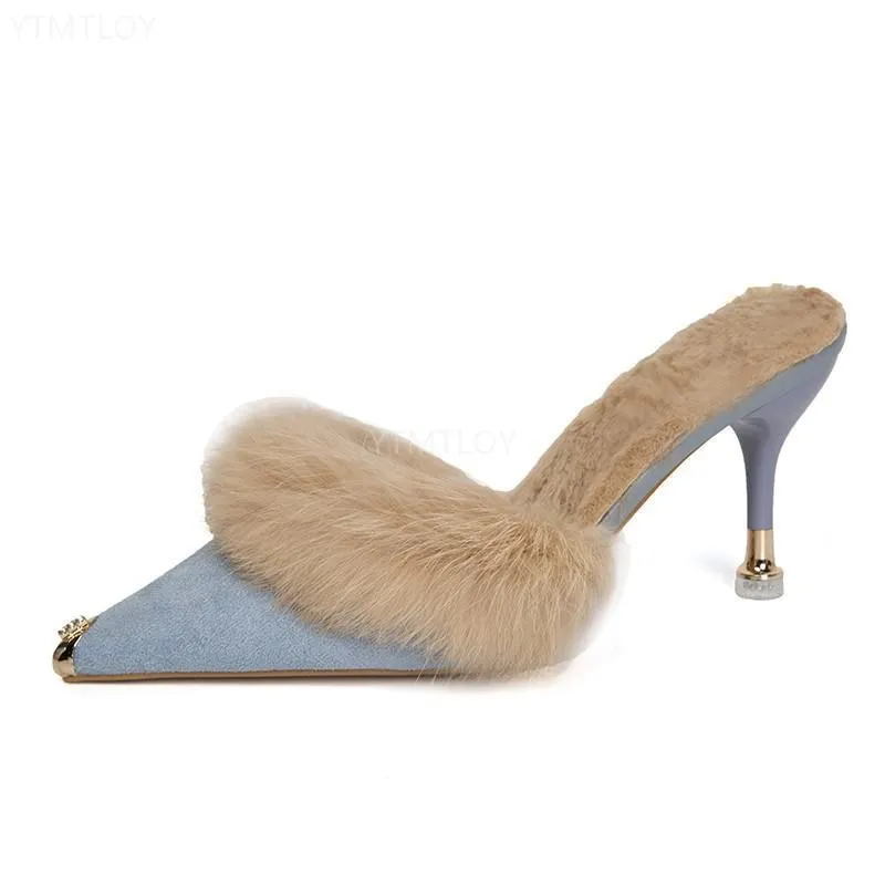 Hnzxzm Fur Slippers Mules Pointed Toe Elegant High Heels Shoes Women's Autumn New Furry Slides Flip Flops Office Work Ytmtloy Indoor