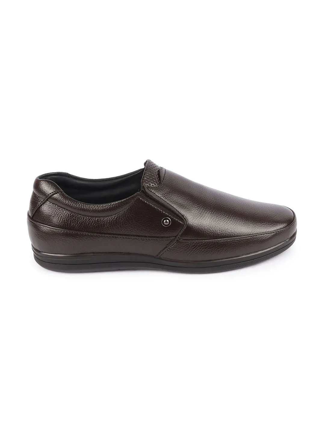 Men Brown Genuine Leather Formal Office Comfort Broad Feet Side Stitched Slip On Shoes