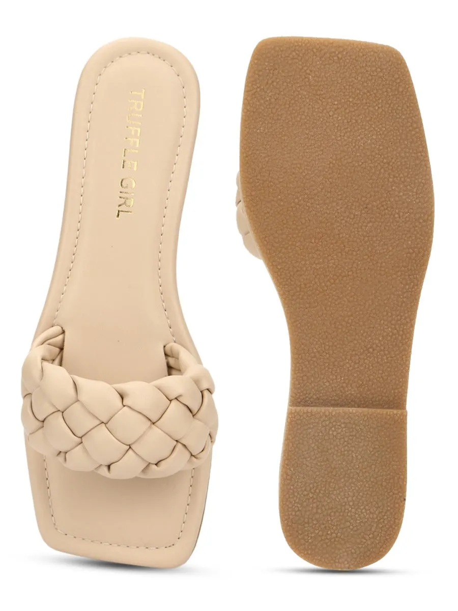 Nude PU Quilted Strap Slip Ons