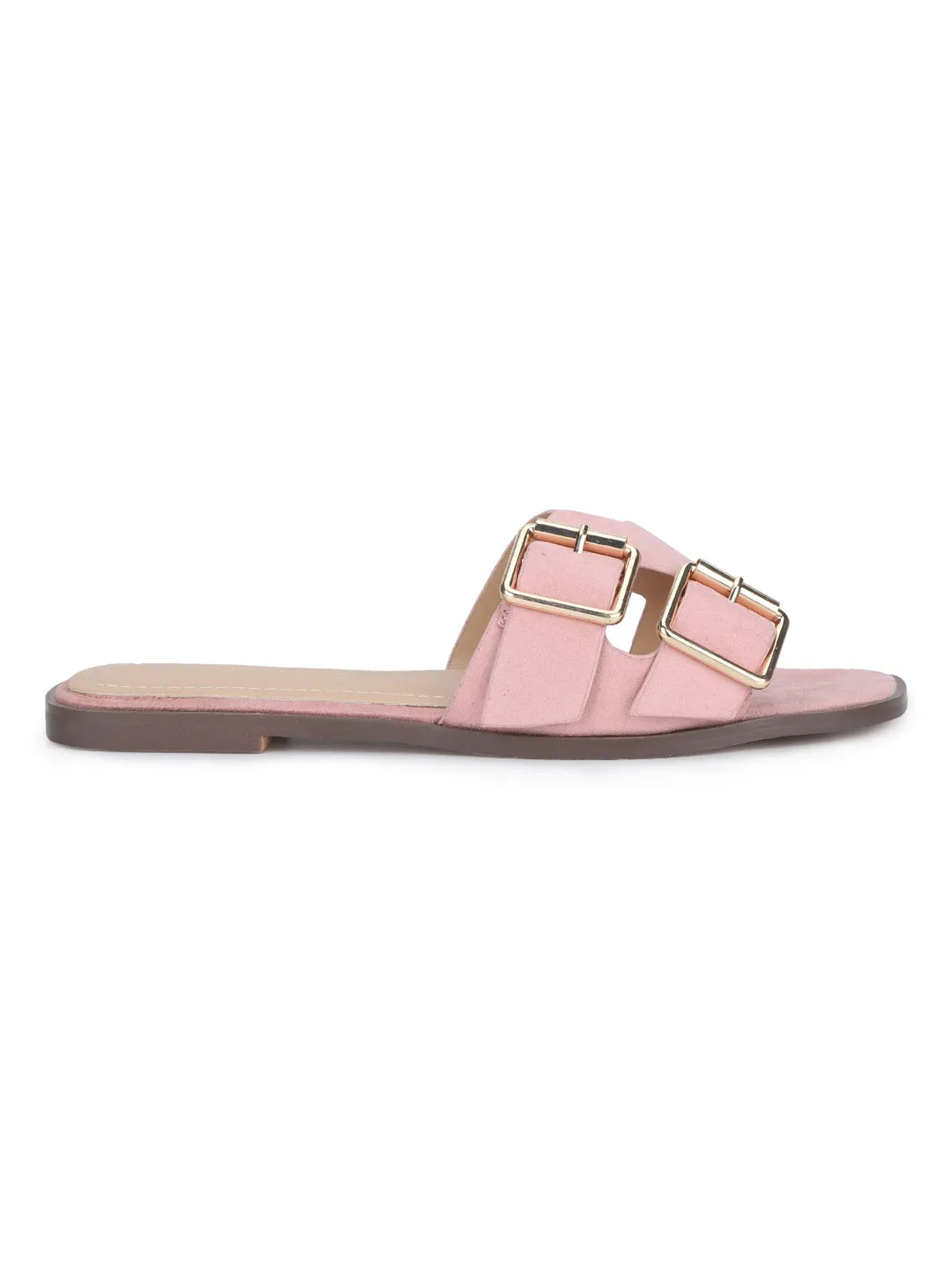 Pink Suede Double Buckle Slip-on Flats