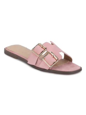 Pink Suede Double Buckle Slip-on Flats