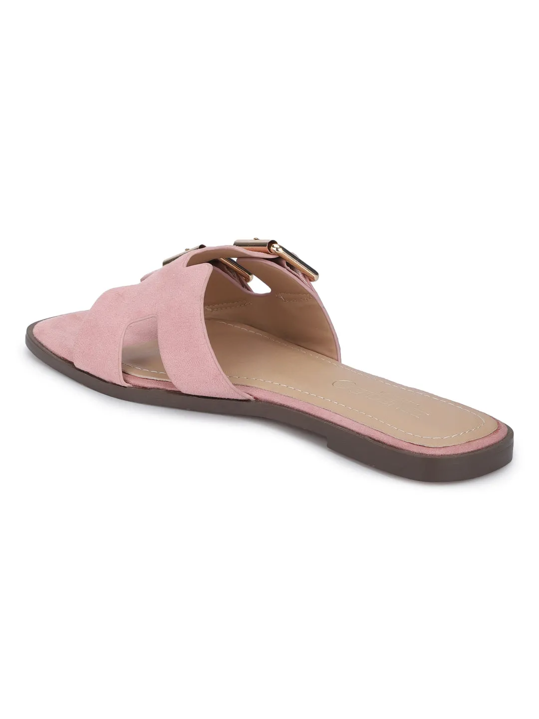 Pink Suede Double Buckle Slip-on Flats