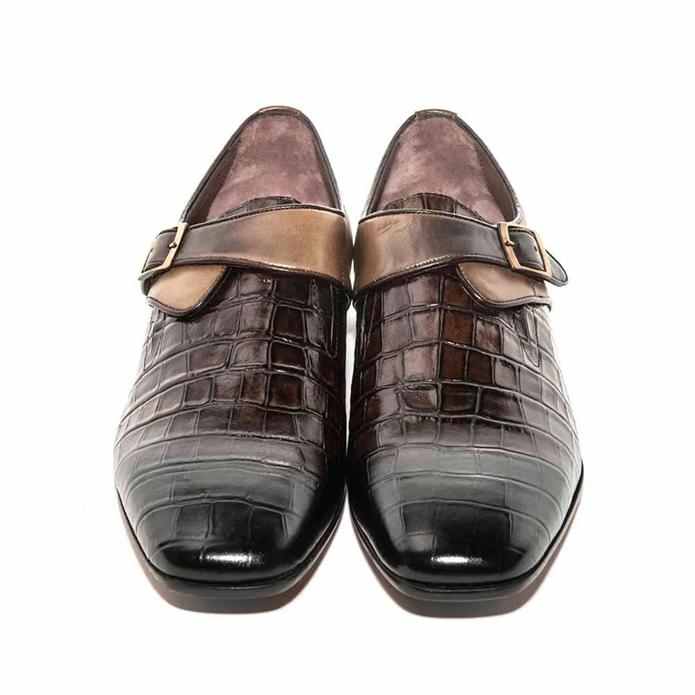 SIGOTTO Uomo Croc Monk Brown Crocodile Buckle Dress Shoes