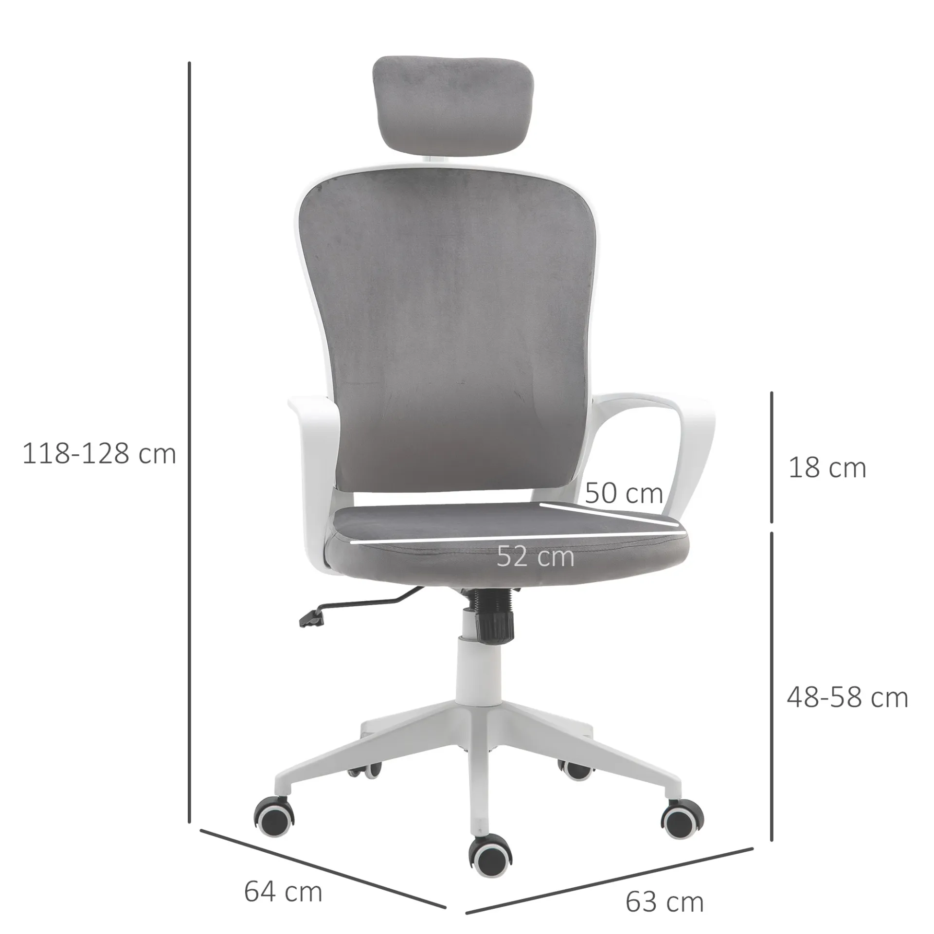 Vinsetto High-Back Office Chair with Velvet Fabric, Liftable Headrest, Adjustable Height, and Wheels - Grey