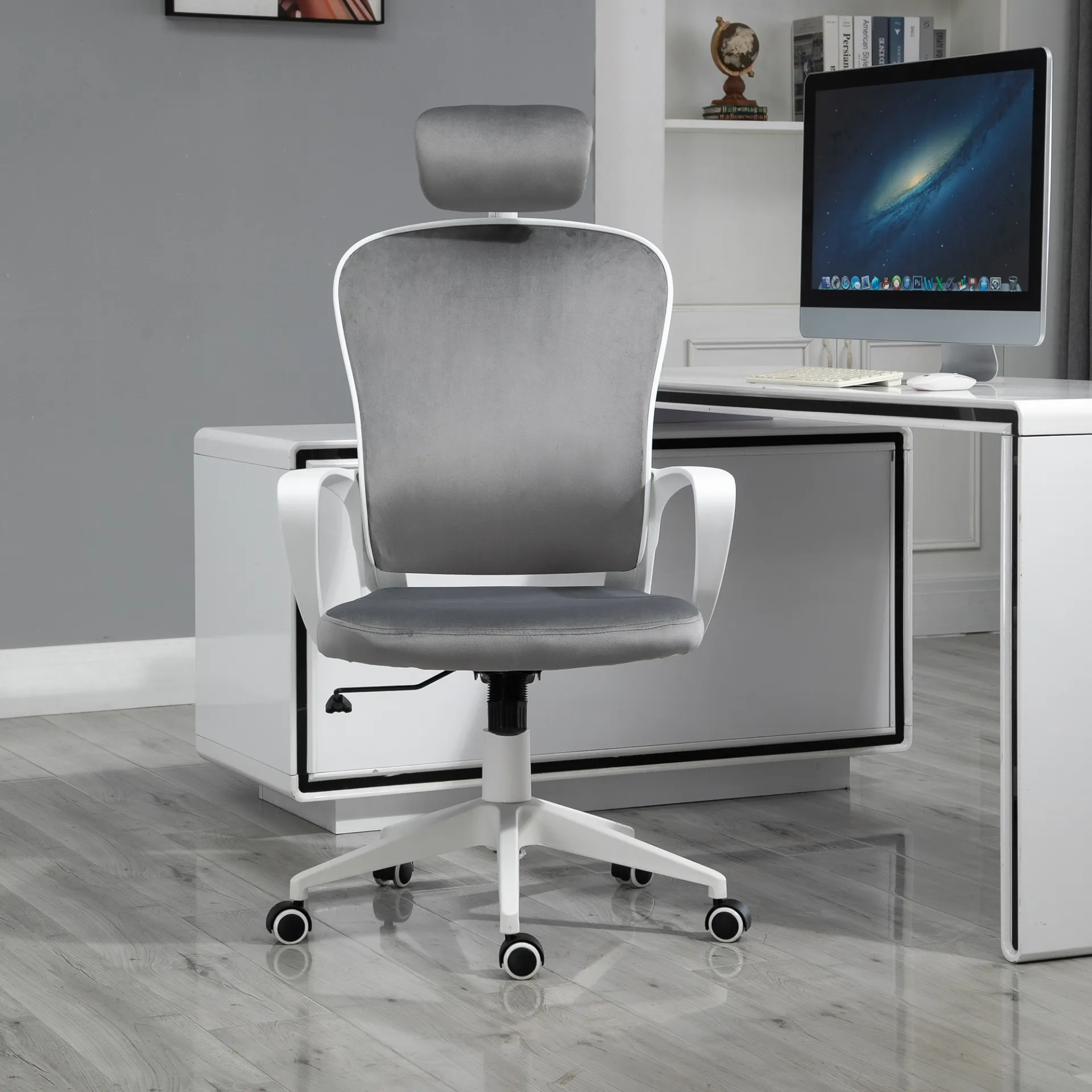 Vinsetto High-Back Office Chair with Velvet Fabric, Liftable Headrest, Adjustable Height, and Wheels - Grey