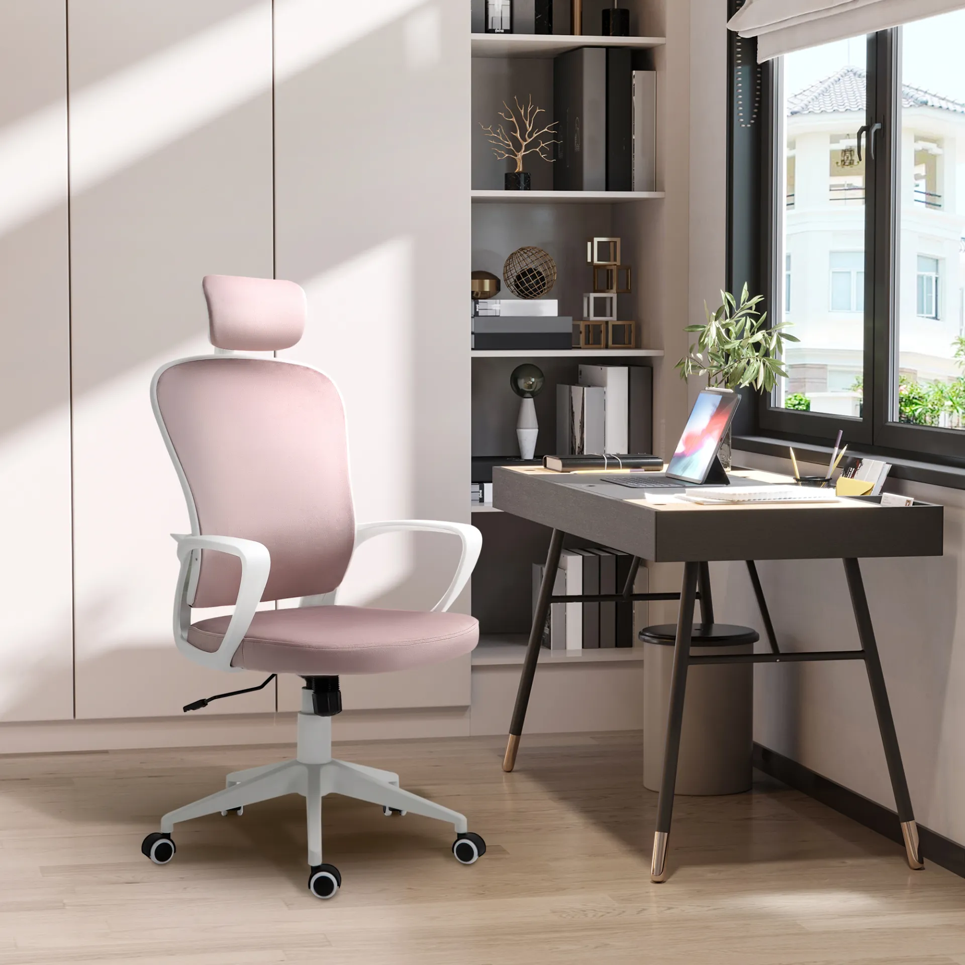 Vinsetto High-Back Office Chair with Velvet Fabric, Rotatable Headrest, Pink - Ergonomic & Stylish