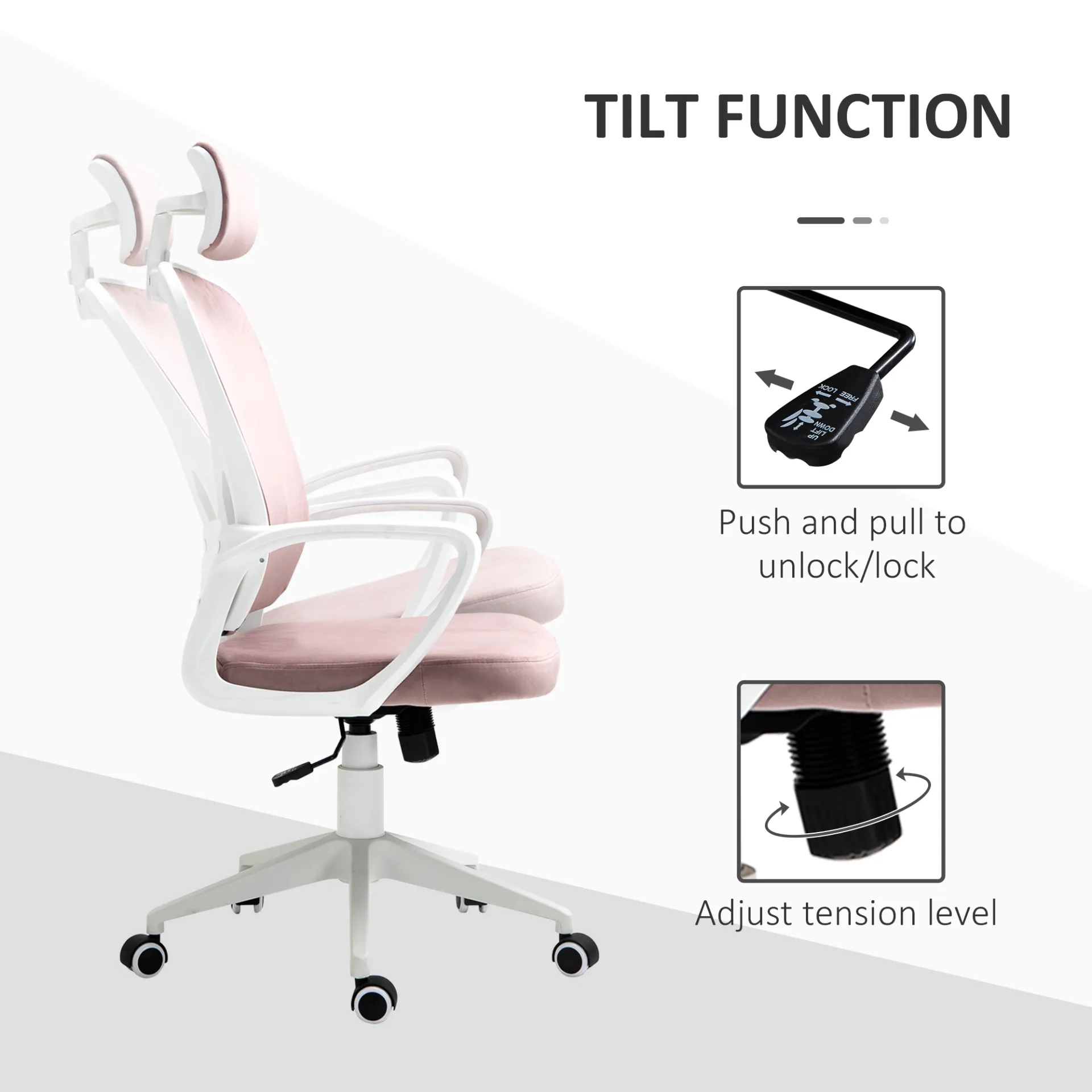 Vinsetto High-Back Office Chair with Velvet Fabric, Rotatable Headrest, Pink - Ergonomic & Stylish