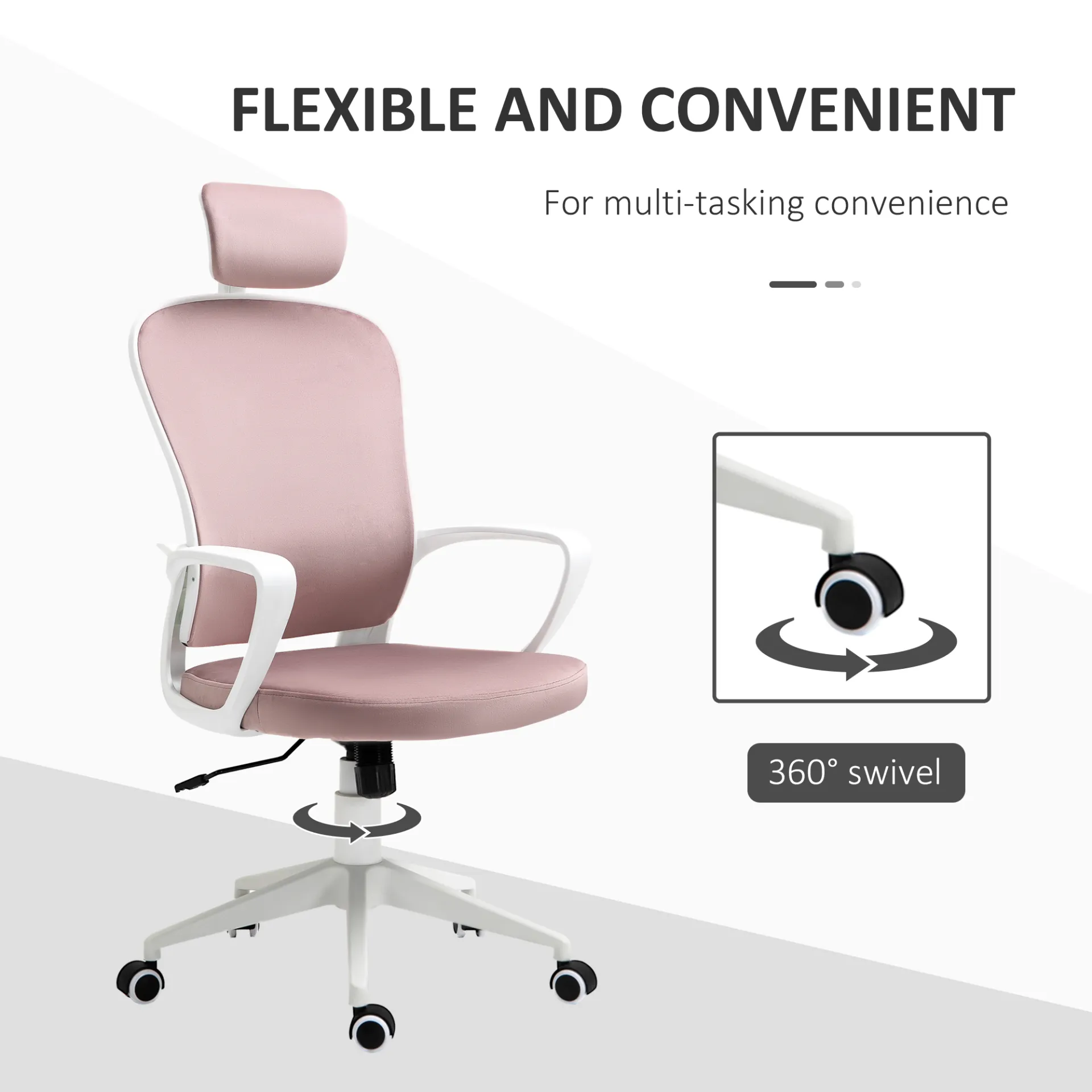 Vinsetto High-Back Office Chair with Velvet Fabric, Rotatable Headrest, Pink - Ergonomic & Stylish