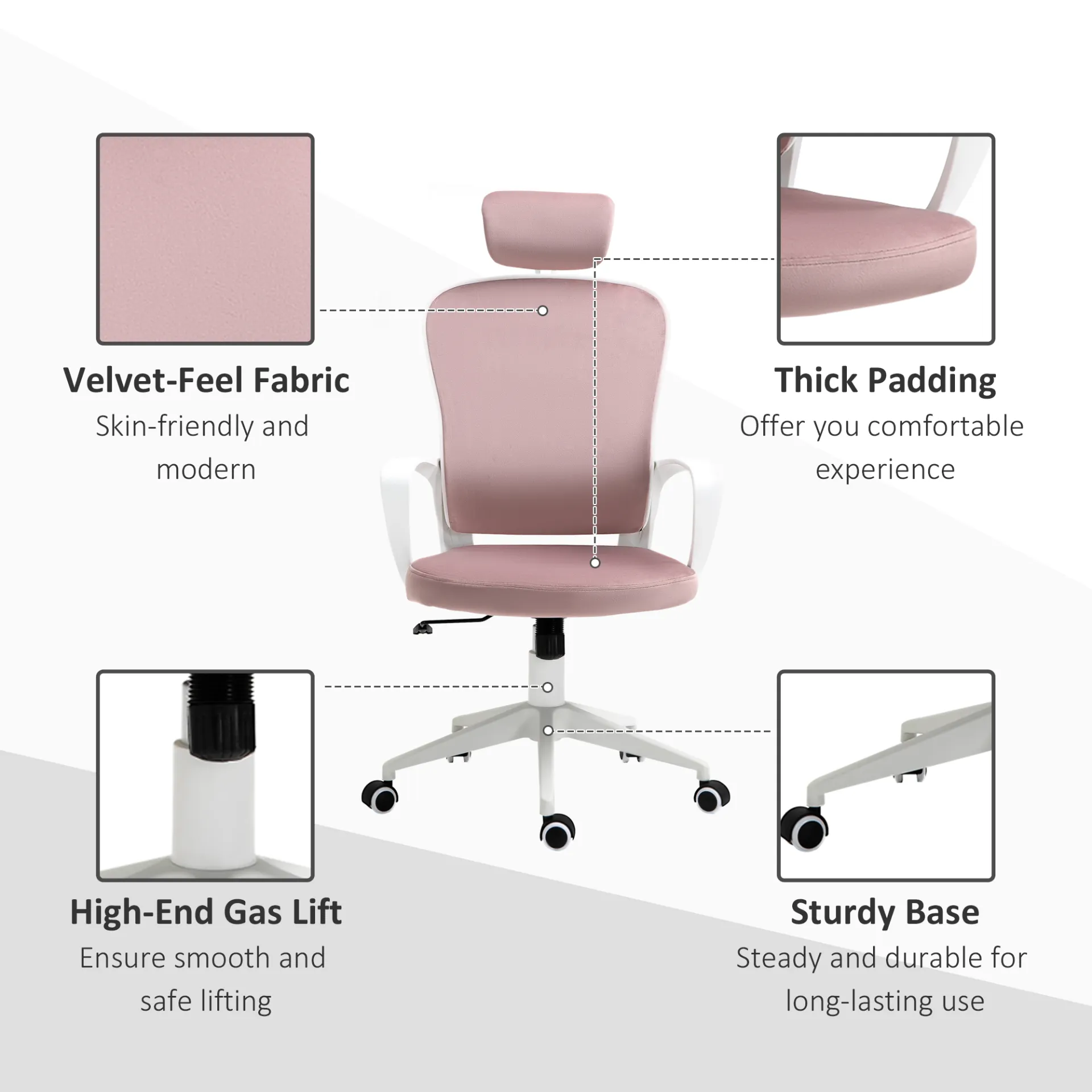 Vinsetto High-Back Office Chair with Velvet Fabric, Rotatable Headrest, Pink - Ergonomic & Stylish