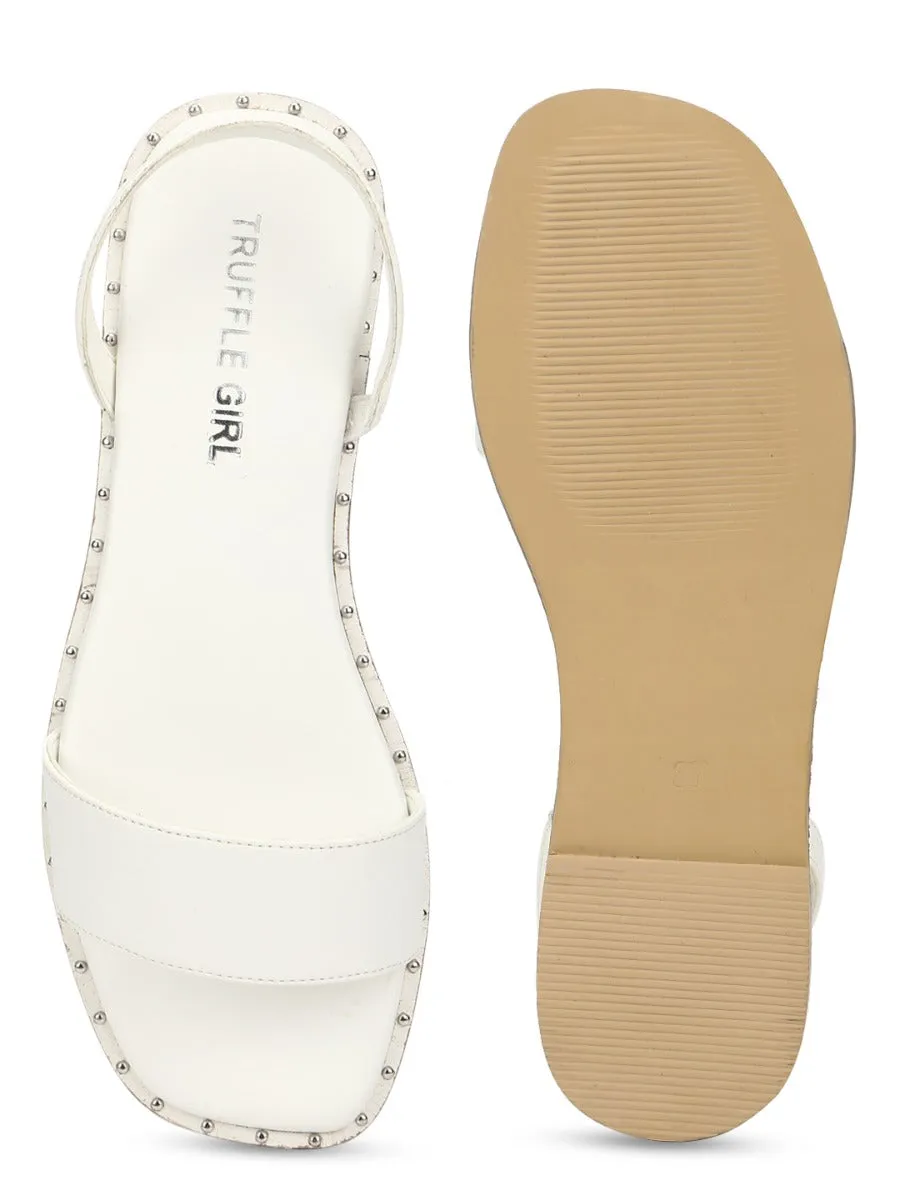 White PU Flat Sandals with Back Strap